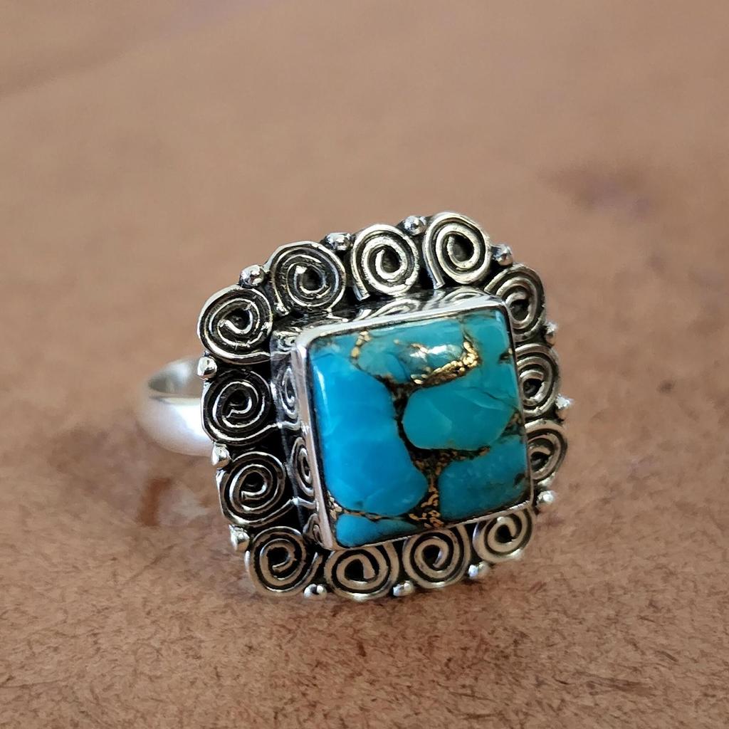 Square Blue Copper Turquoise Boho Style 925 Sterling Silver Ring Jewelry, Native Style Turquoise Handmade Ring