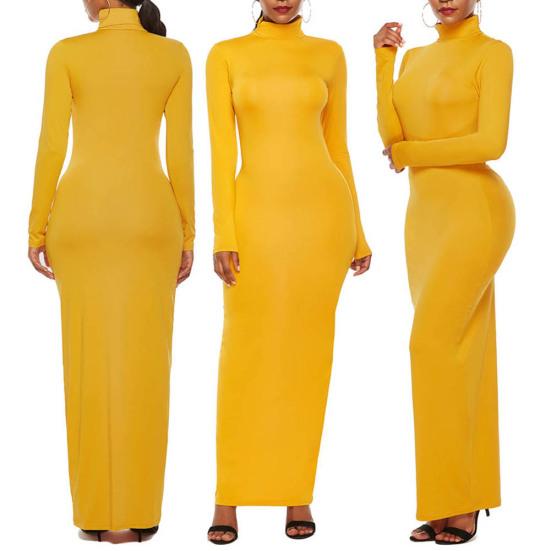 Lässiges Damen einfarbiges langärmeliges Rollkragen dehnbares figurbetontes langes Kleid