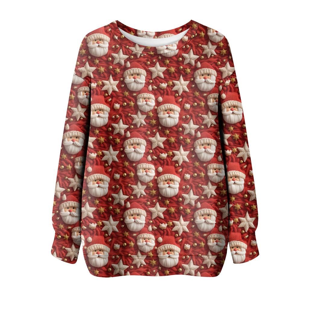 Ladies' Christmas Printed Round Neck Long Sleeved T-shirt Sweatshirt Top
