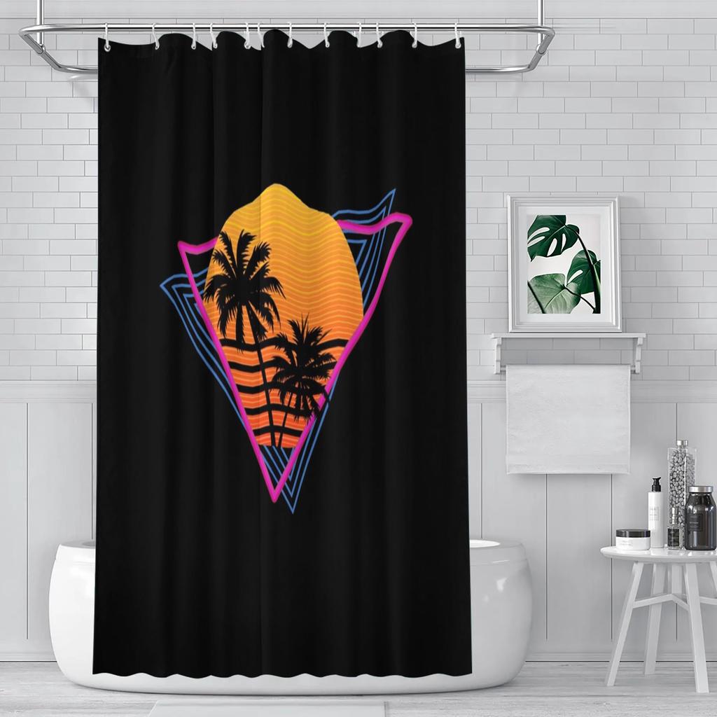 Retro 80S Synthwave Shower Curtain – Neon Palm Tree Design, Pink Cyan Black, Machine Washable, Hooks Included