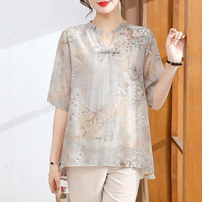 Mom's Summer Outfit, New Short Sleeved Chiffon Shirt,Fashionable Set, Middle-aged and Elderly Women's T-shirt, Upper Garment