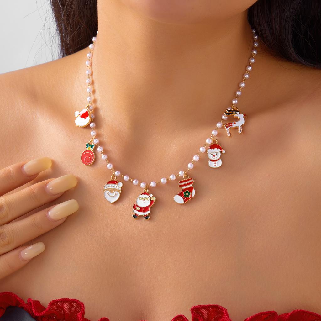 Christmas Snowflake Gingerbread Xmas Tree Pendant Necklace For Women Snowman Santa Claus Snowflake Beads Choker Party Jewelry
