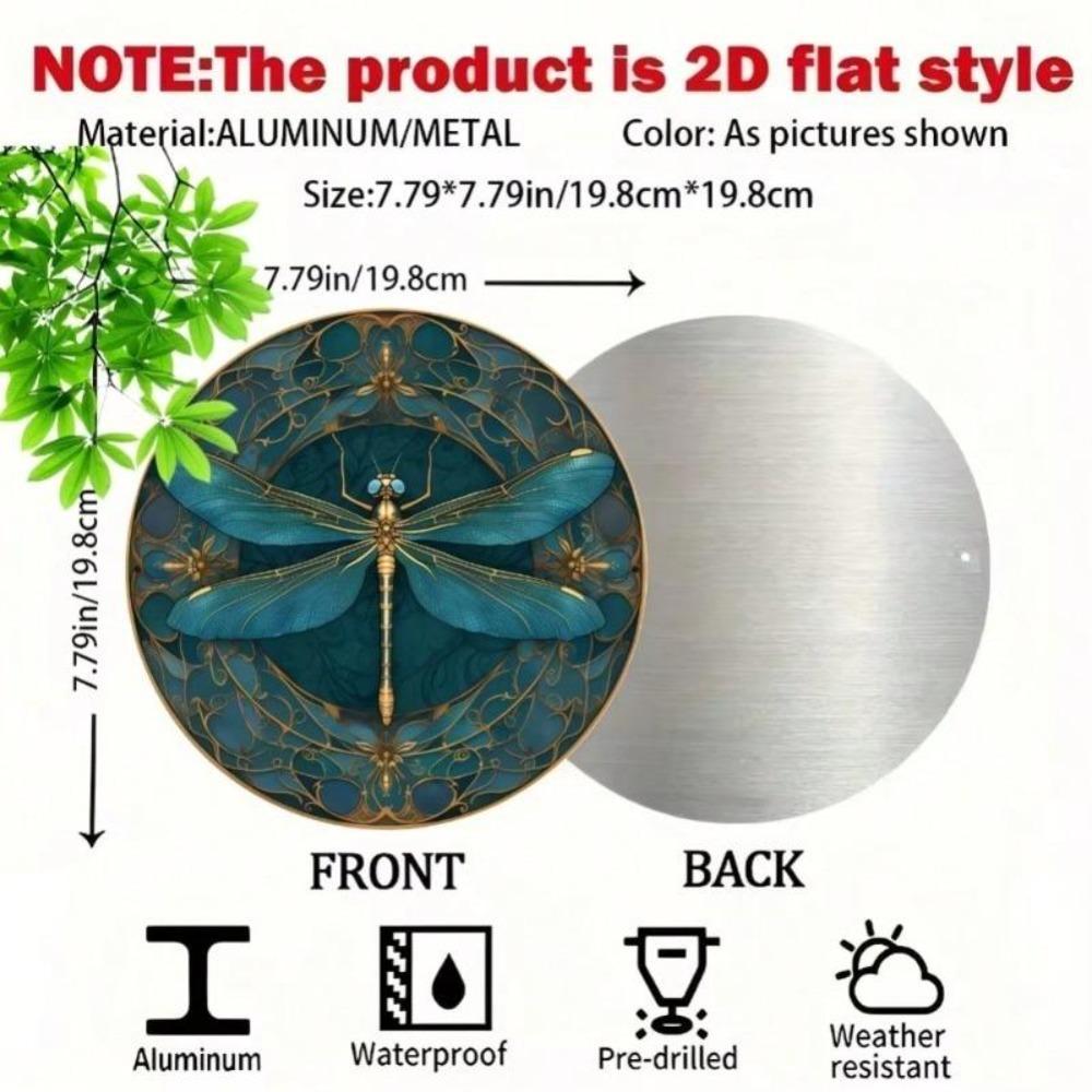 Vintage Dragonfly Metal Wall Art 8x8 Inches Round Aluminum Sign Golden Garden Decor