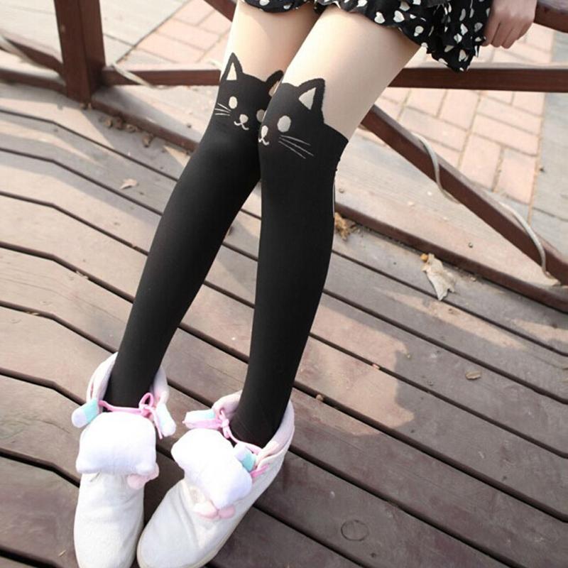Sexy Women for Cat Tail Faux Thigh High Hosiery Pantyhose Tattoo Tights Japanese Cartoon Pattern Black Stockings Hosiery