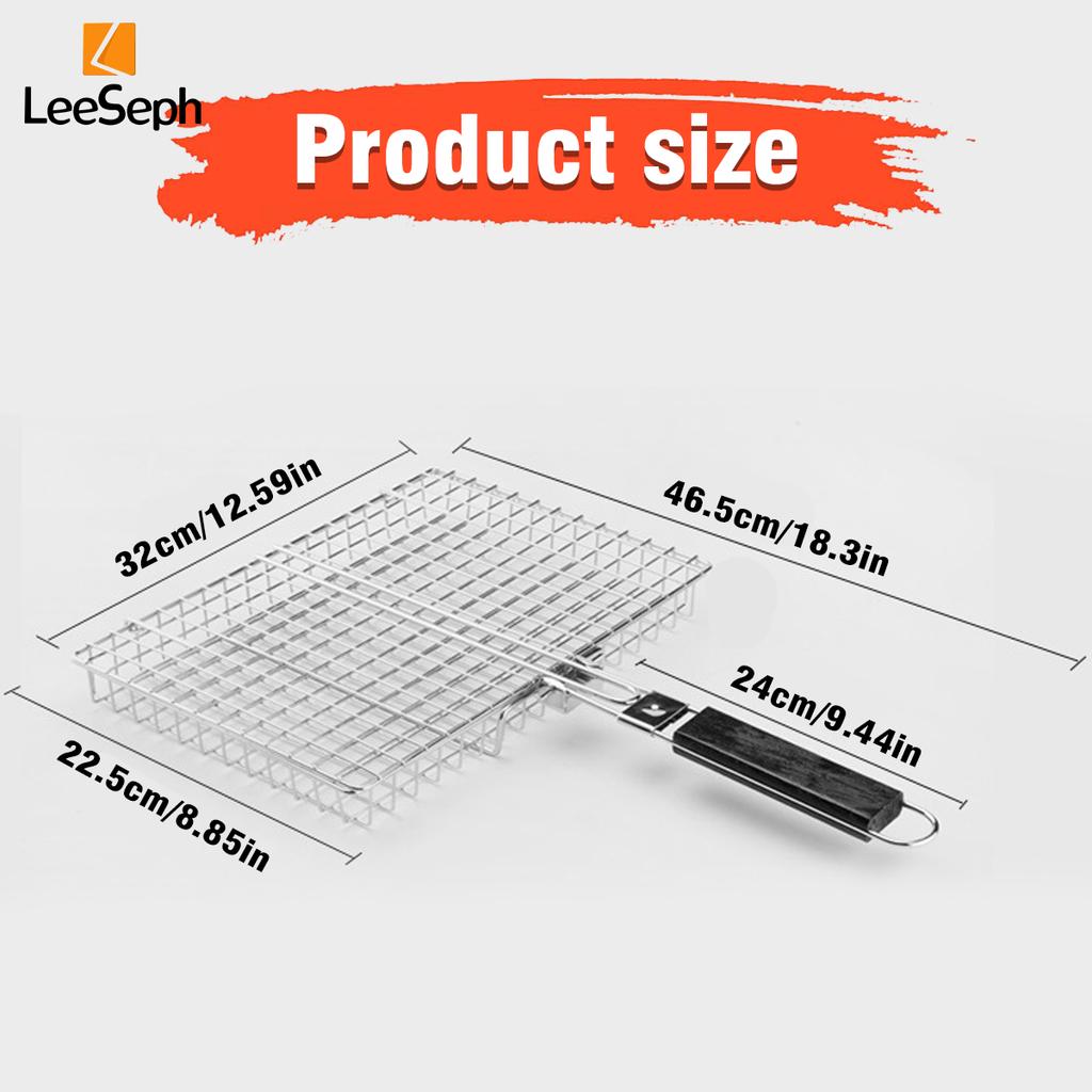 Grill Basket, Folding Carbon Steel Grill Outdoor BBQ Basket with Wood Handle, Outdoor Camping BBQ Rack for Fish, Vegetable