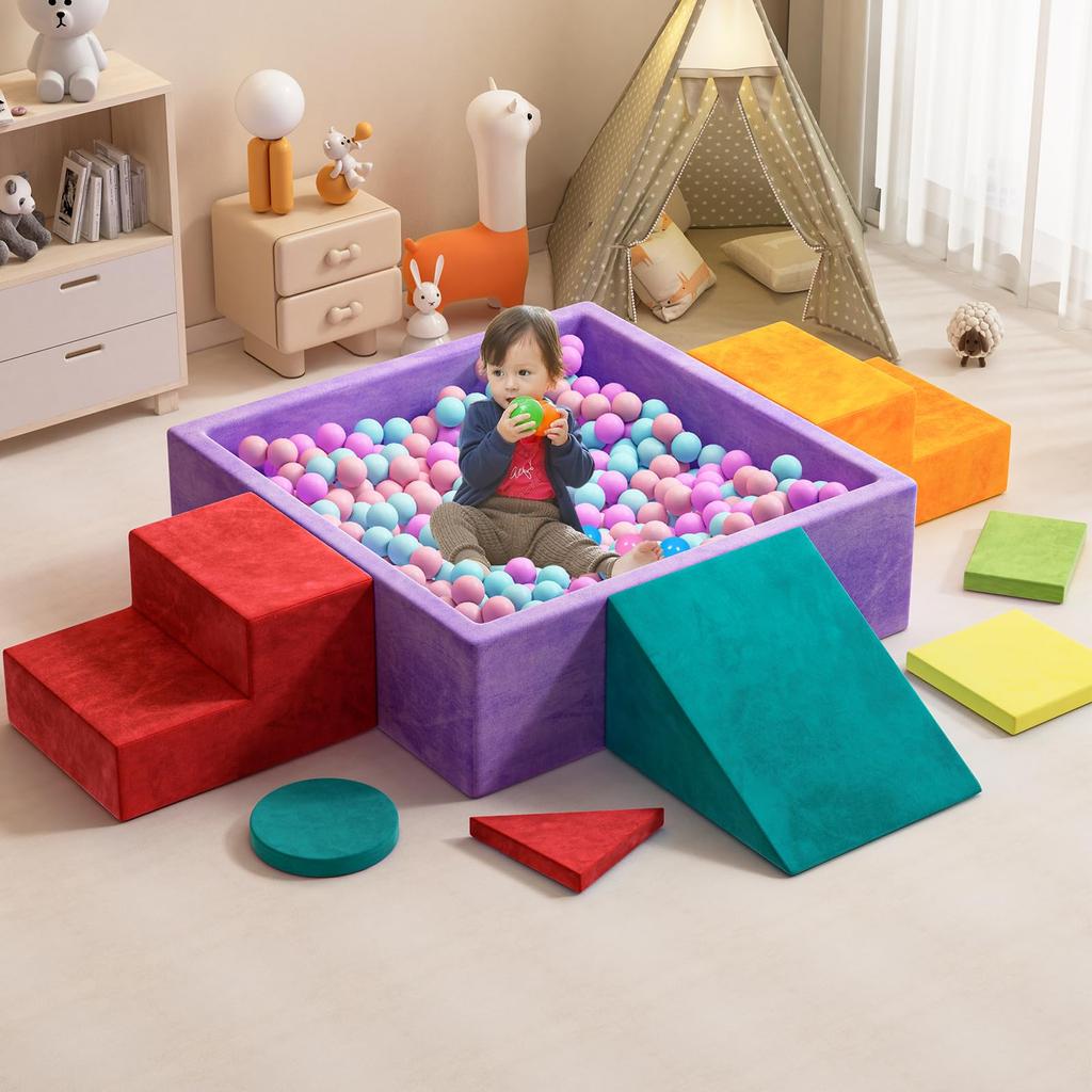 8-Piece Indoor Playground Set with Soft Blocks and Balls, Perfect for Kids' Spaces, Kids' Play Areas, and More. Includes Large Cushions, Block