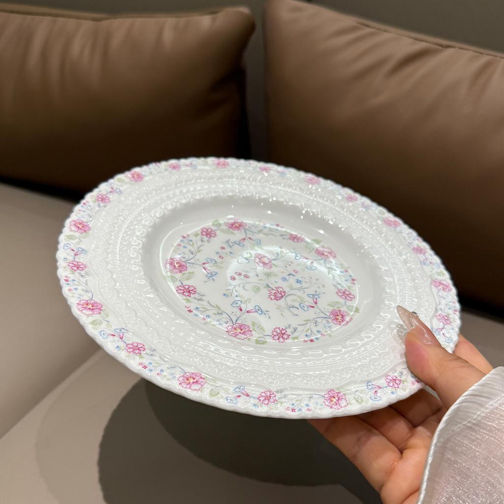French Style Relief Dessert Plates 8 Inch Flower Pattern High Aesthetic Dinner Tableware Floral Shape Exquisite Ceramic Dish