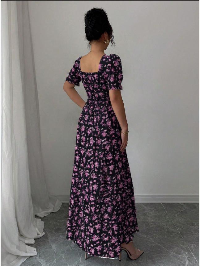 2026 Women's Summer Floral Print Puff Sleeve Square Neck Dress - French Style Holiday Tea Party Skirt