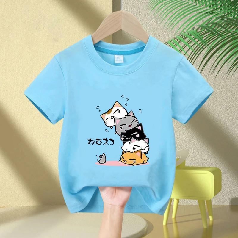 Cute Cat Graphic Kids Tshirts Summer Short Sleeve Tees Cartoon Animal Boys Girls Clothes Kawaii Kitten Tops Y2K Children T-shirt
