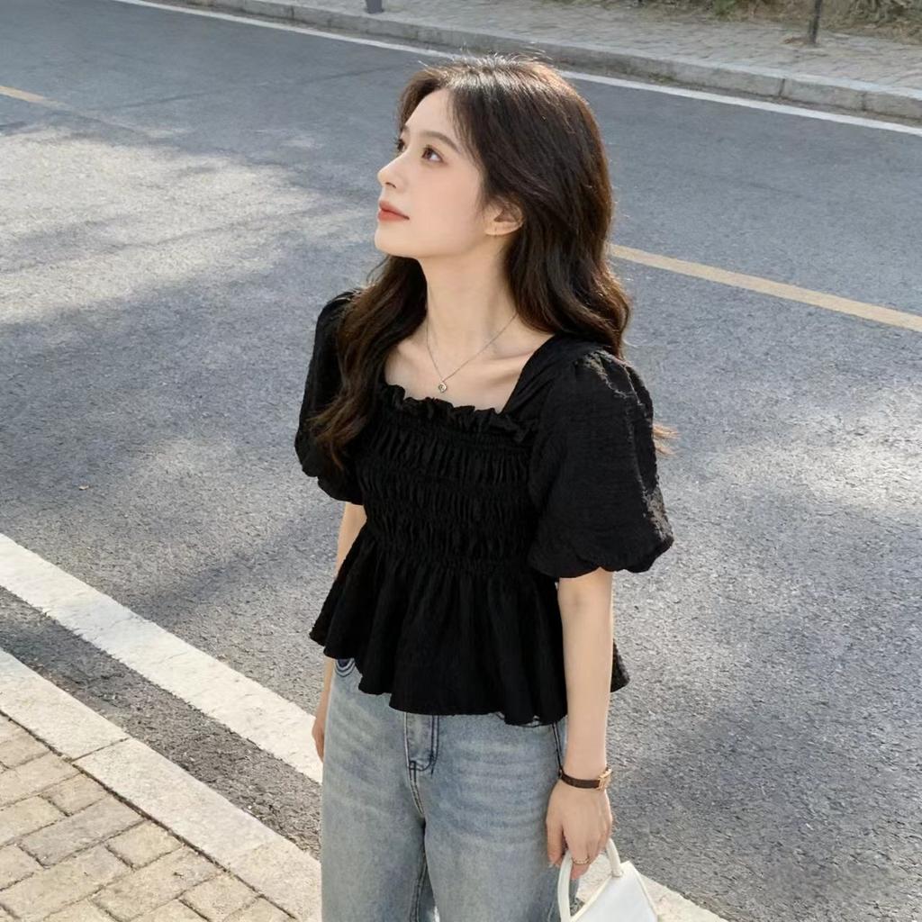 Princess Short Spice Girl Square Neck Tea Break Light Color New Flared Skinny Casual French Casual Short Sleeve Top Women