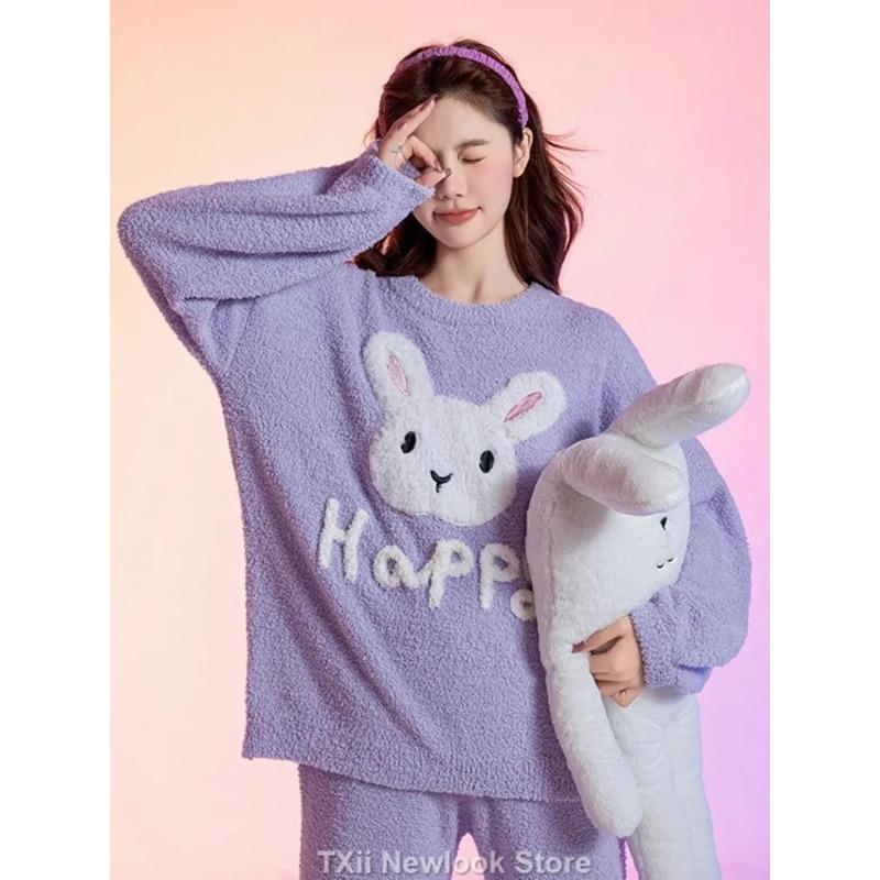 

Женский полубархатный пижамный комплект, новый зимний стиль, милый кролик, коралловый бархат, верхняя одежда, домашняя одежда One Size фиолетовый