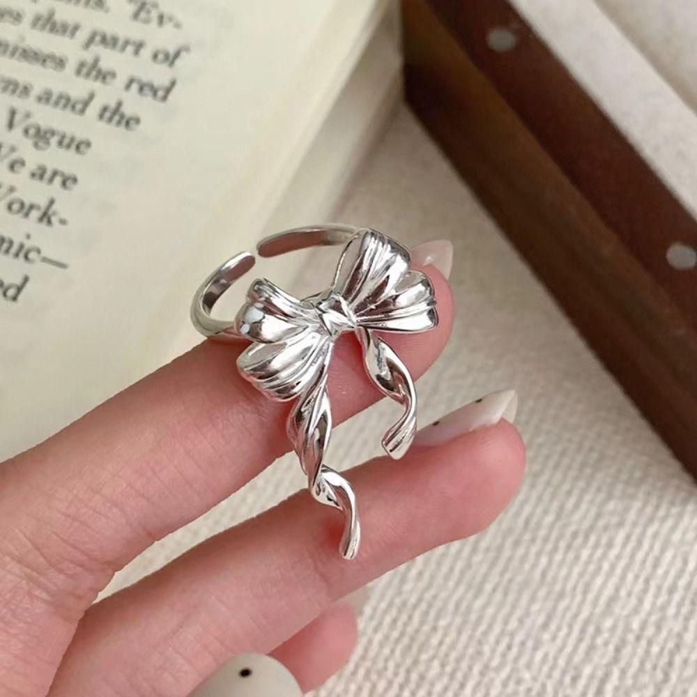 Geometric Design Tassel Bowknot Rings Finger Adjustable Sterling Silver Rings  Party Jewelry