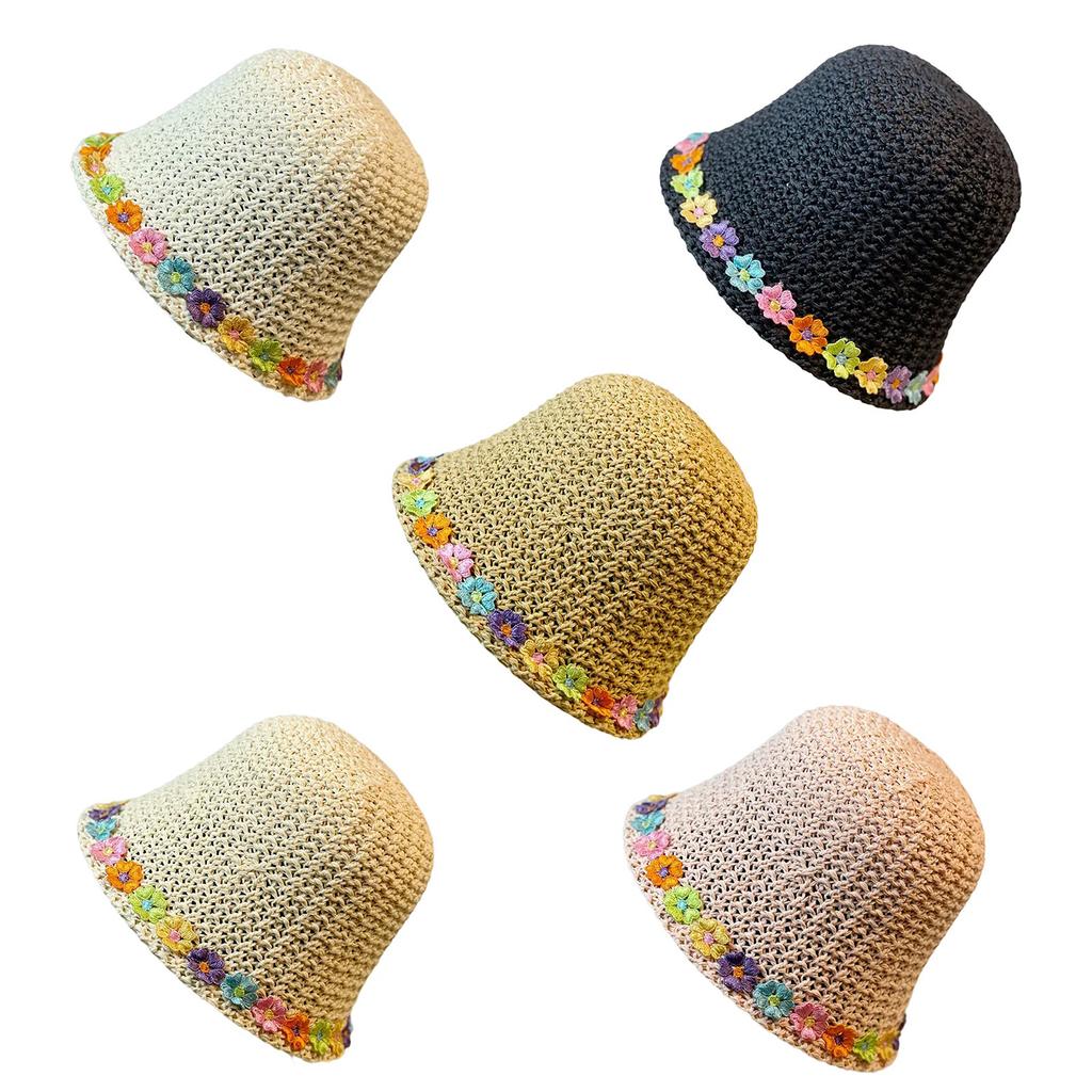 Girls Teens Crochet Bucket Hat with Flower Decals Woman Straw Weaving Floppy Hat Teens Summer Spring Camping Sun Hat