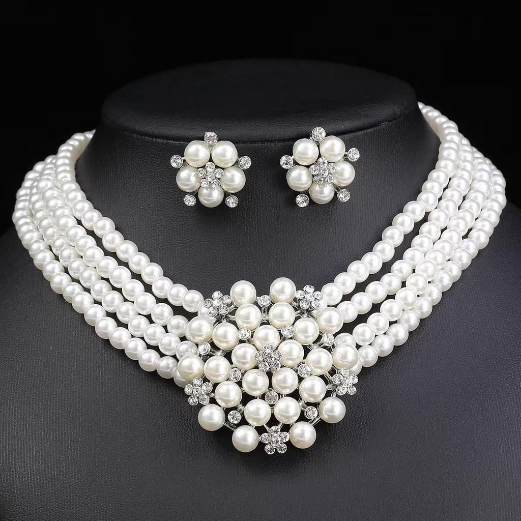 Retro Pearl Flower Wedding Jewelry Set: Necklace & Earrings for Bride