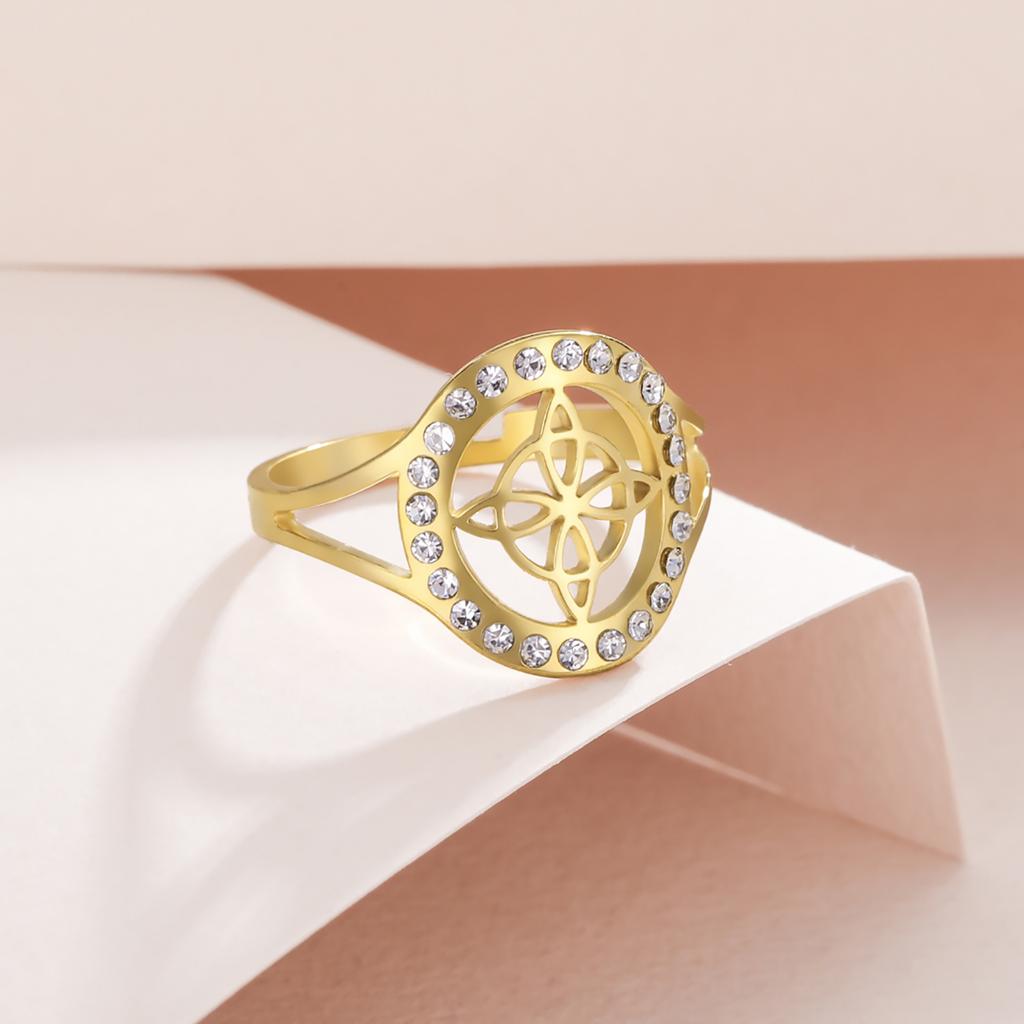 Witchcraft Witch Knot Clear Zircon Round Ring Stainless Steel Gold Adjustable Finger Rings Vintage Amulet Jewelry