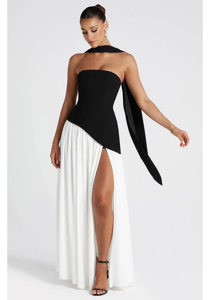 Vestido de mujer sin tirantes, sin espalda y con abertura, estilo europeo y americano, 2025 - Sexy, Color liso, Abertura alta, Vestido largo