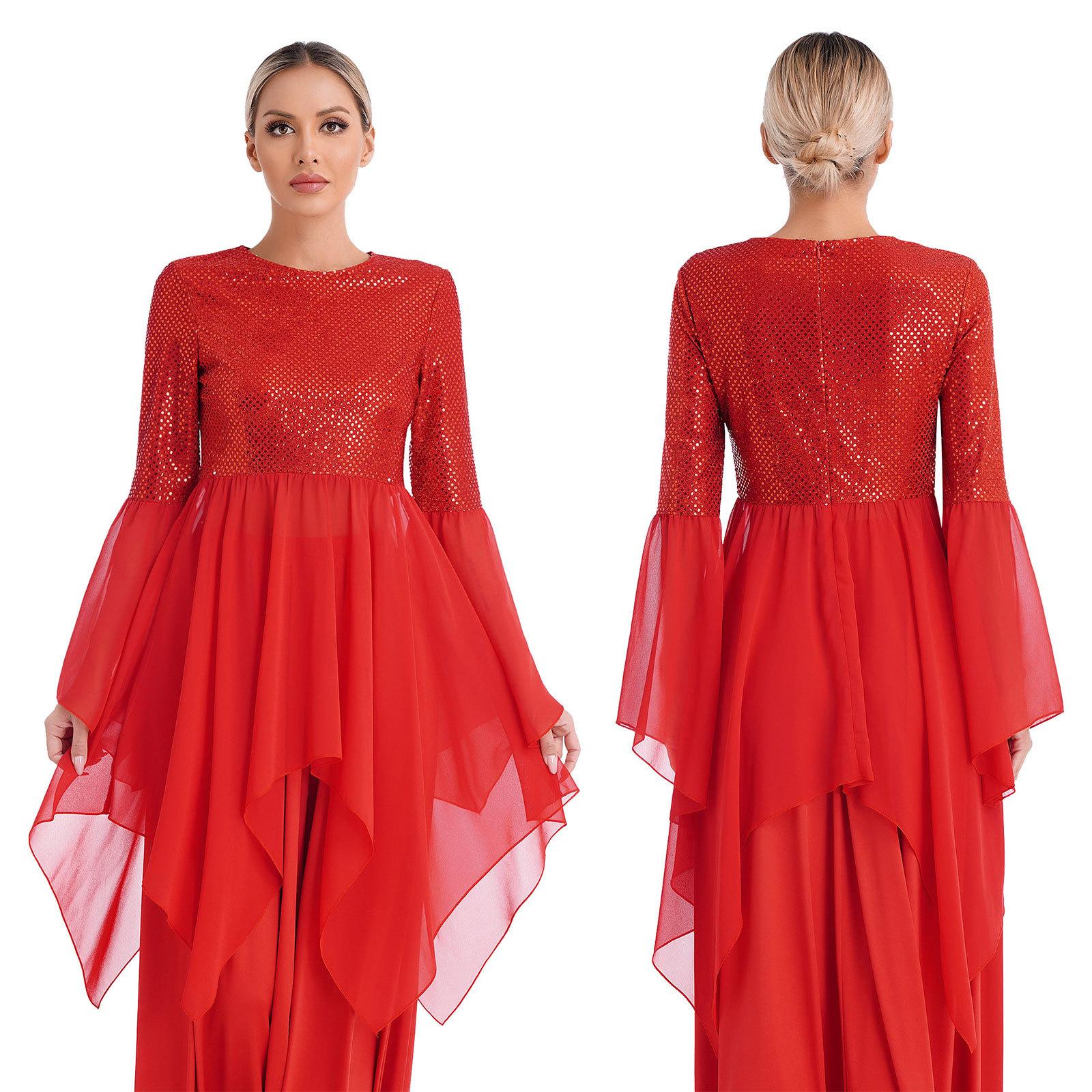 

Жіночий танцювальний костюм для хвали, накладна туніка, блискітки, ліричне поклоніння, літургійне танцювальне плаття XXL червоний