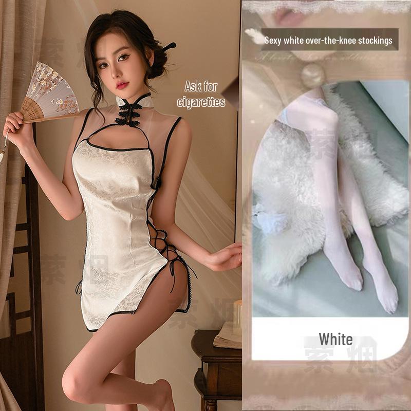 Retro Cheongsam Temptation Lingerie Set with Side Slit and Lace-up Design