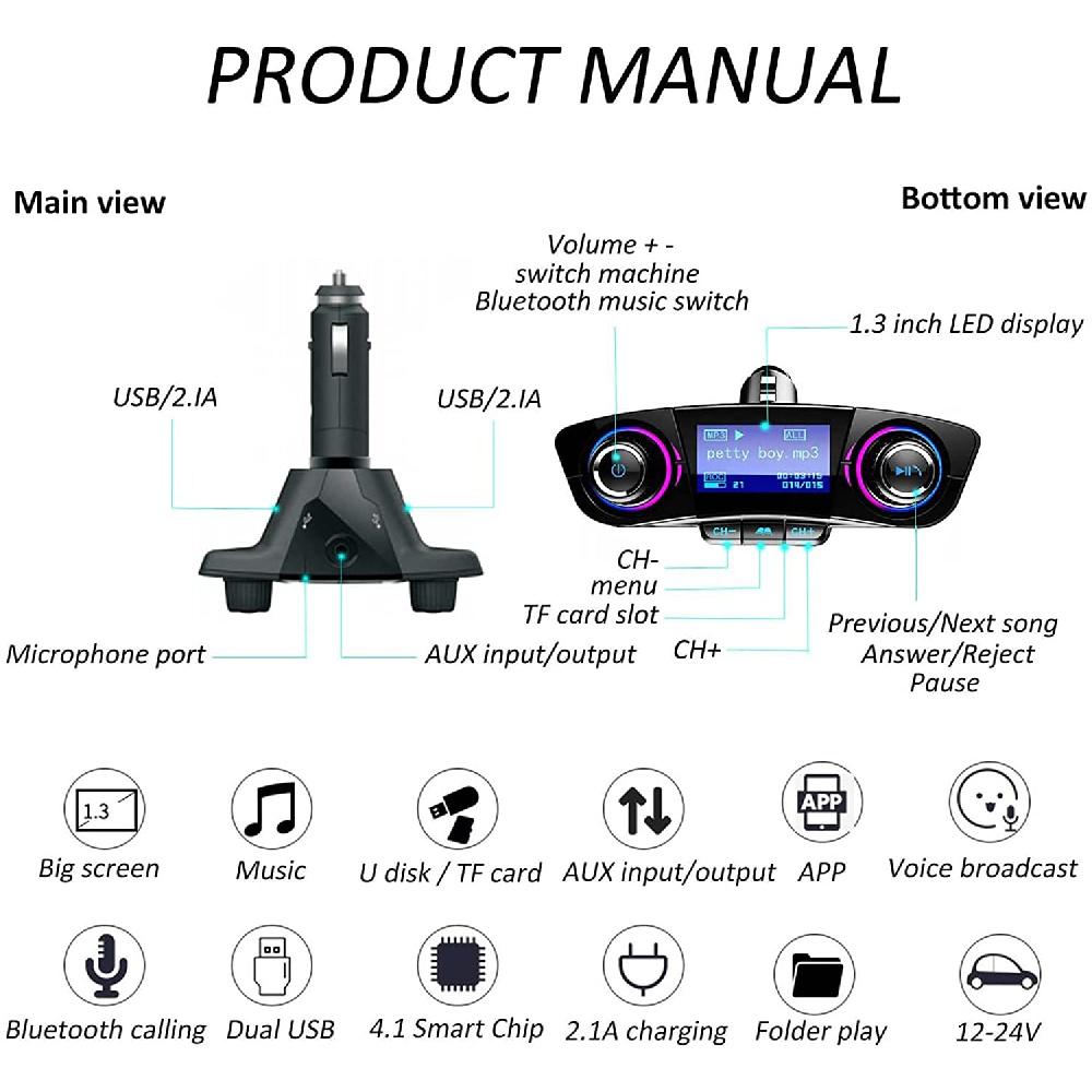 12V Bluetooth Freisprech-Autokit FM-Sender Radio MP3-Player USB-Ladegerät Aux