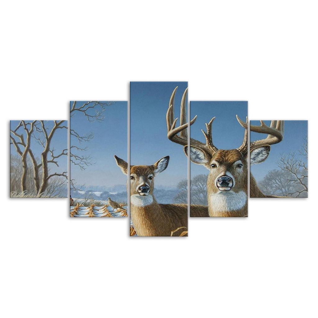 Deer Family Winter Scenery 5 Piece Five Panel Wall Canvas Print Modern Art Poster Picture Home Decor Gift For Him For Her