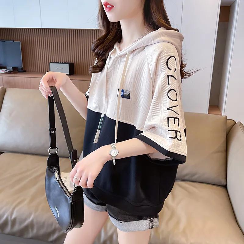 Women's Summer Hooded Oversized Short-Sleeve T-Shirt Youthful, Relaxed-Fit Pullover Top