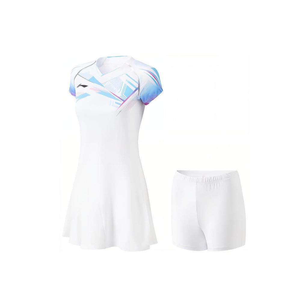 Li Ning Badminton Series Logo Print V-Neck Pullover Short Sleeve Dress Women Dresses Standard-White ASKT096-1