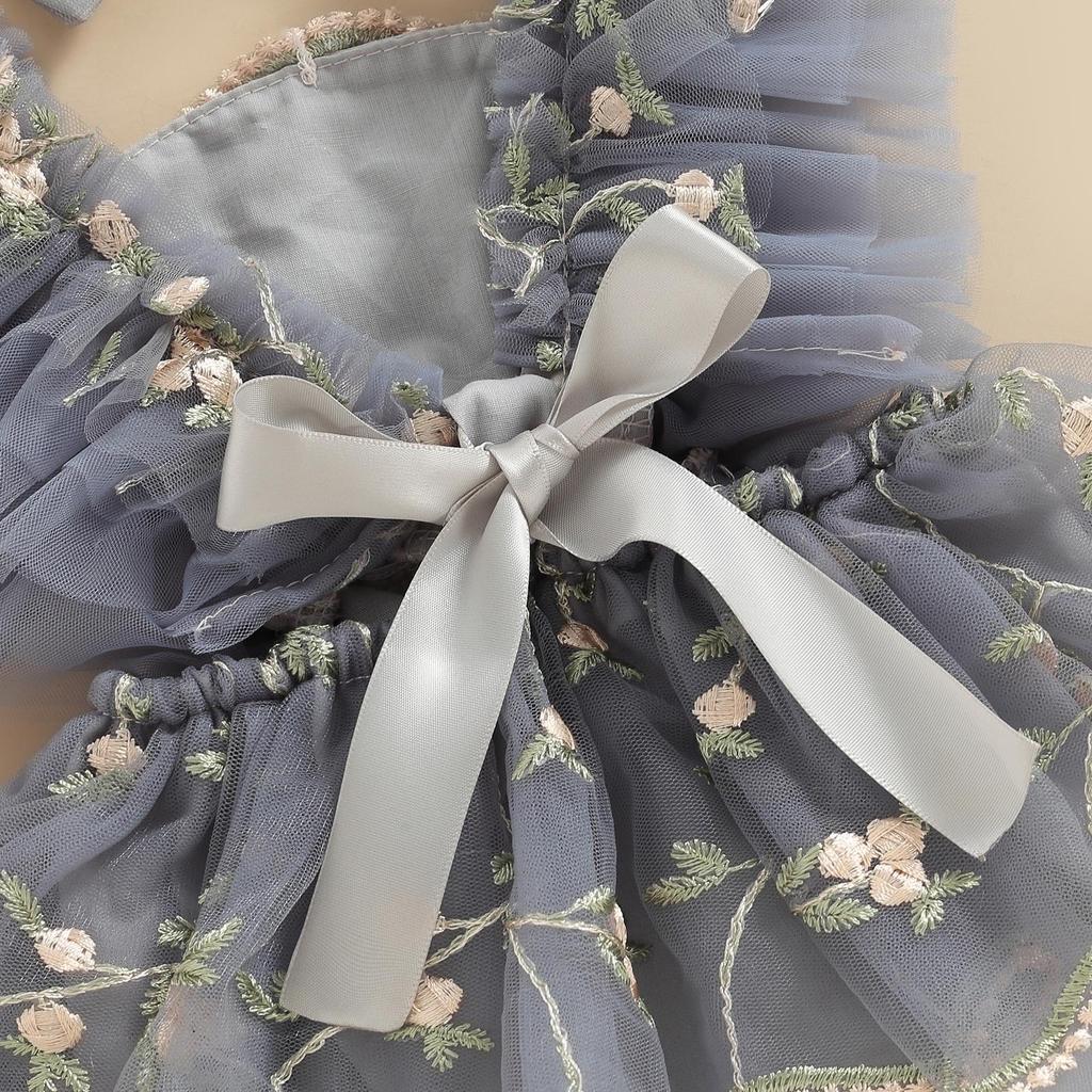 Infant Baby Girls Romper Dress Fly Sleeve Square-Neck Floral Embroidery Tulle Jumpsuit with Bow Headband