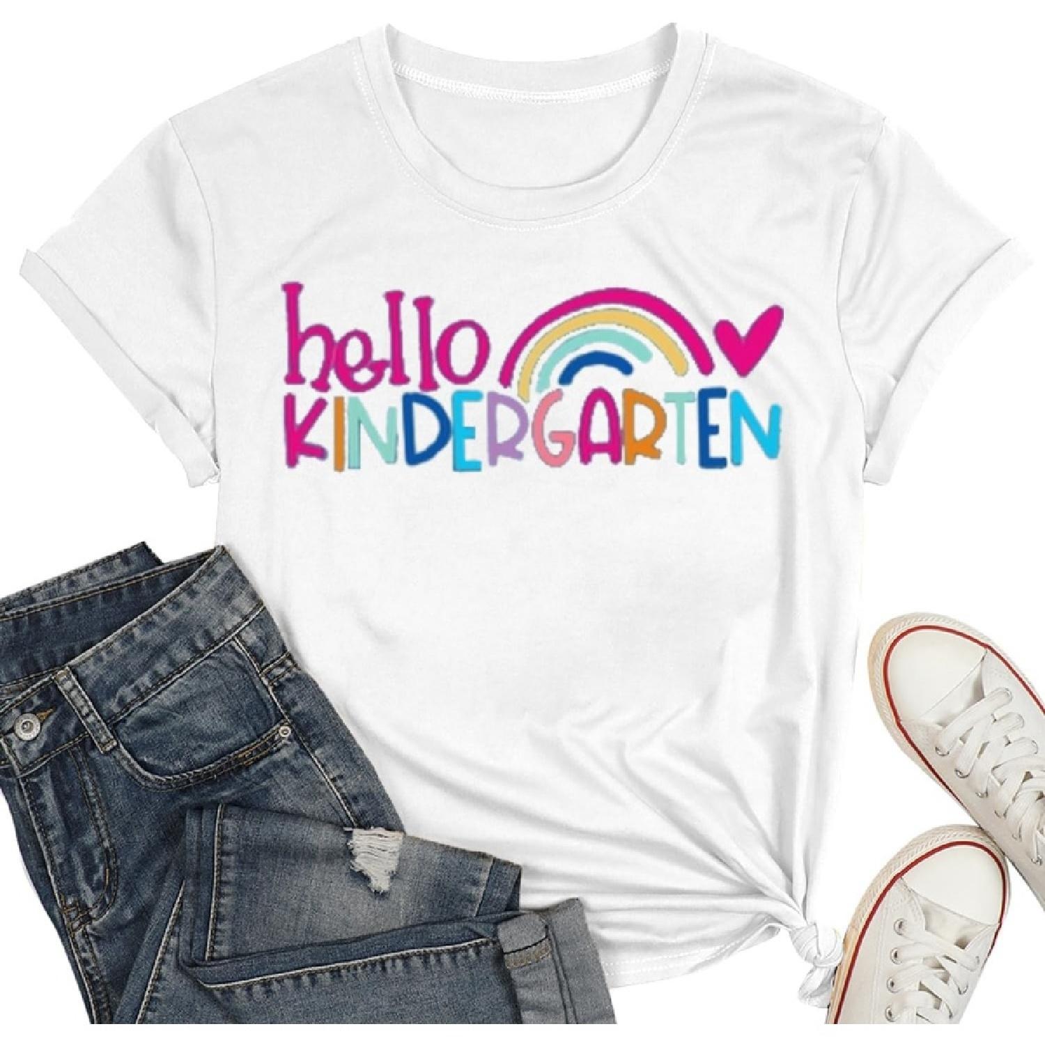 PQZ Kindergarten Teacher Shirts for Women Teacher Rainbow Graphic Tee Hello Kindergarten Tee Shirt S