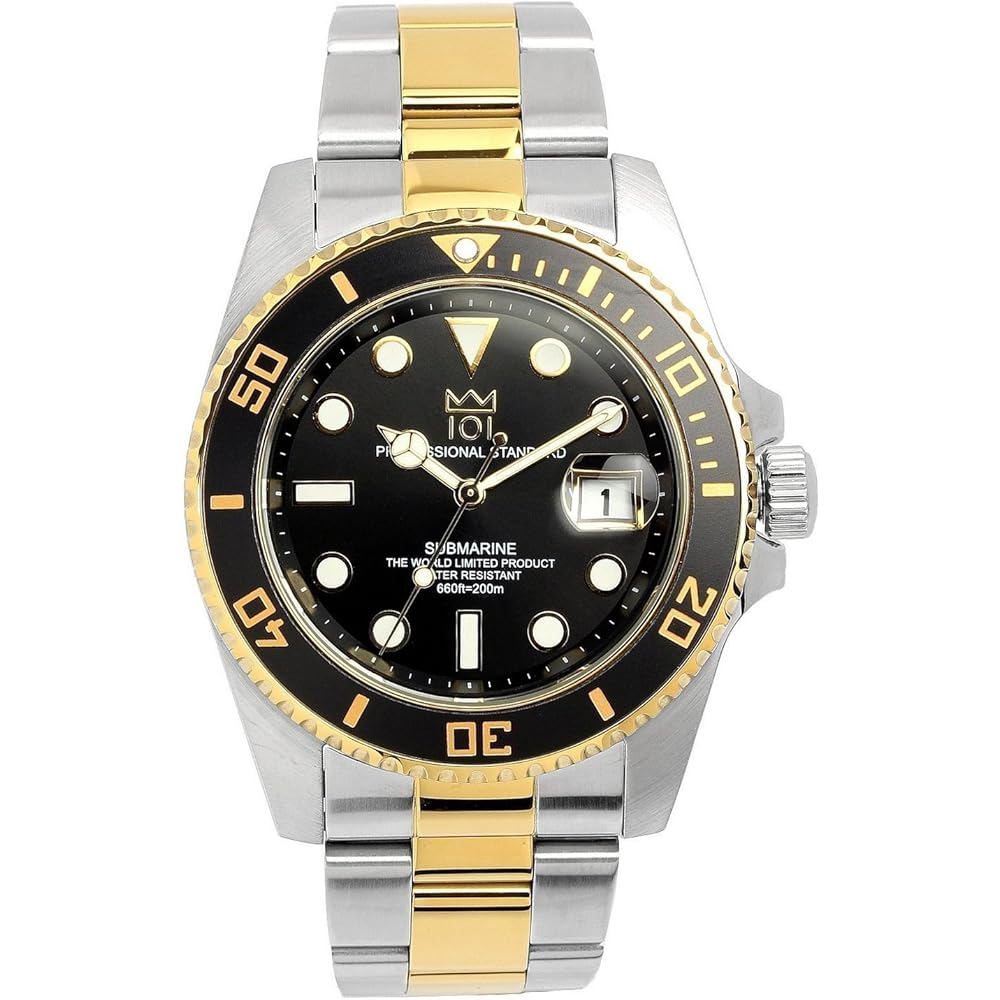 Hyakuichi 101 Quartz Diver s Watch Date Display 20 ATM Water Resistant Black Gold Wristwatch