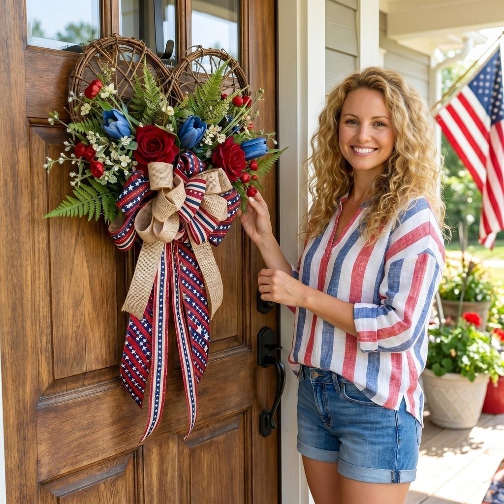 Patriotic Heart Shaped Wreath with Artificial Roses and Star Pattern Ribbon Rustic Home Wall Hanging Decoration for Seasonal Indoor Outdoor Use