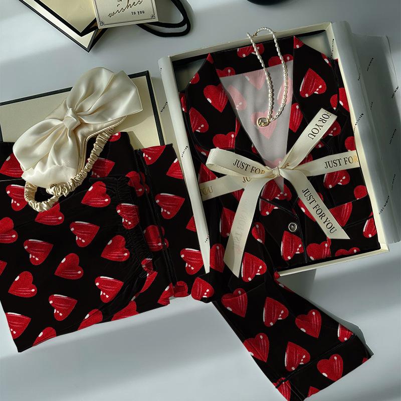 Ice Silk Pajamas Women S Thin Long-Sleeved High-End Red Love Printed Loungewear Set M