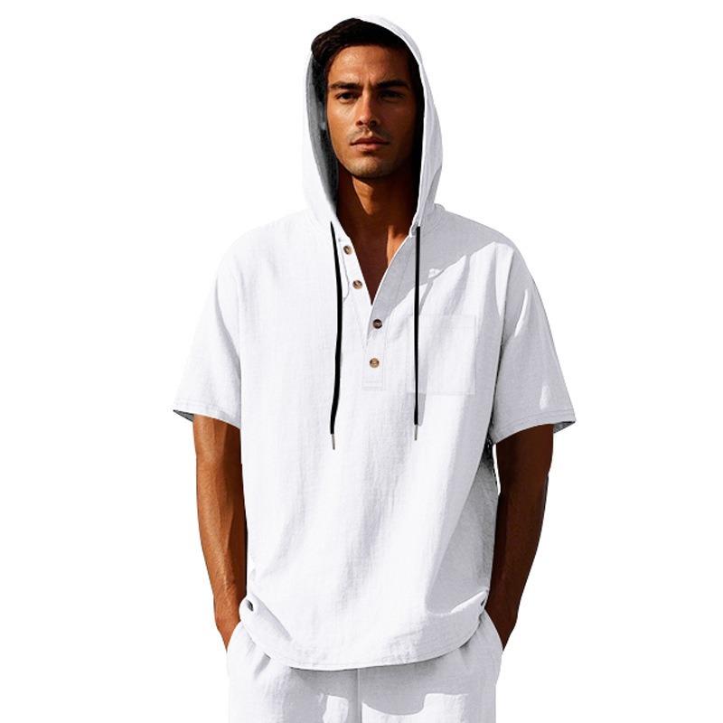 Mens Casual Linen Blend Hooded Short Sleeve Henley Shirt S