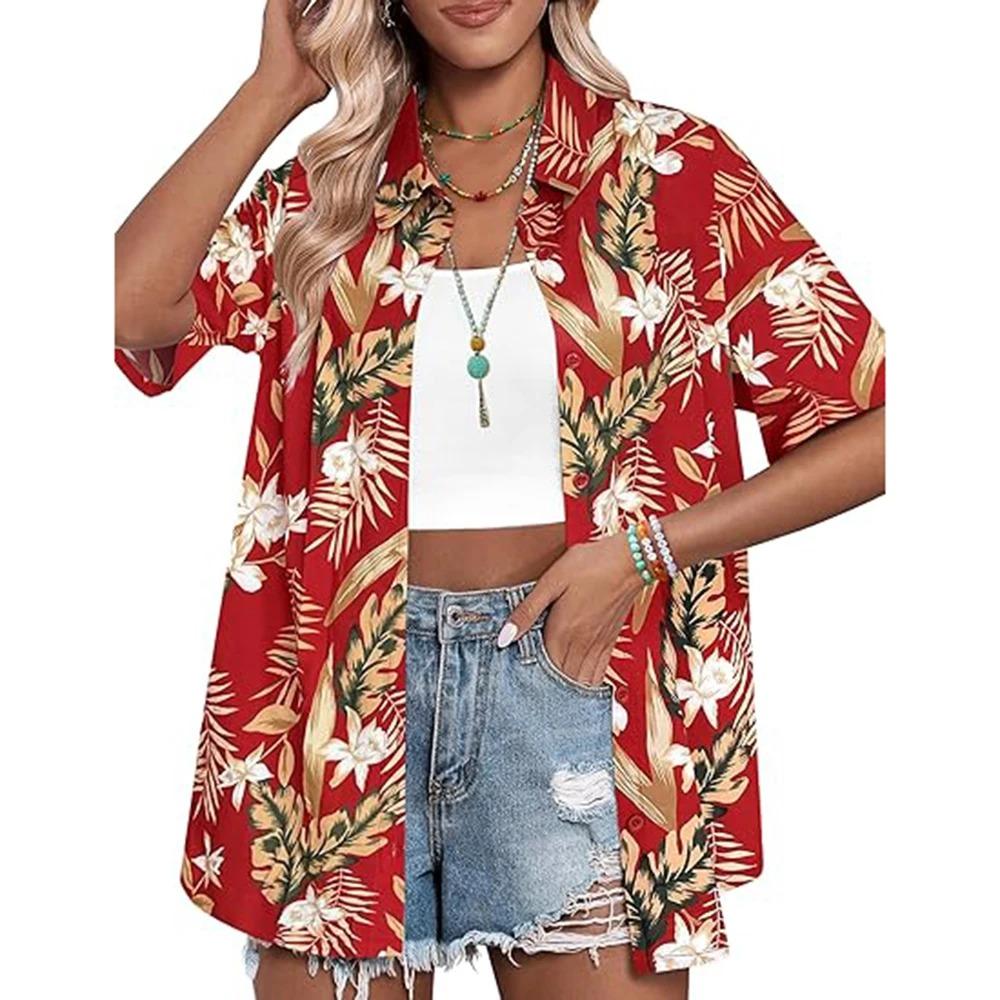 Letnia Moda Koszule z Krótkim Rękawem Damskie Hawajskie Kwiatowe Drukowane 3D Podstawowe Koszule Styl Plażowy Kurort Jednorzędowe Codzienne Koszule