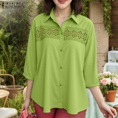 Women Patchwork Hollow Crochet Casual Turn Down Collar 3/4 Sleeve Blouse