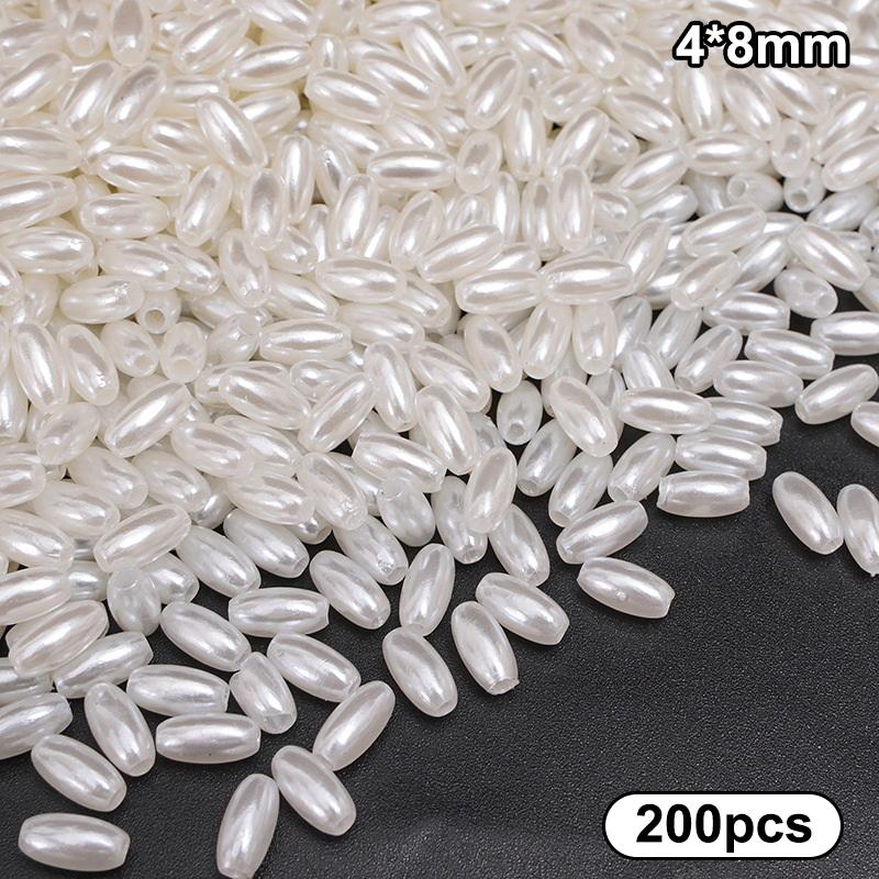 200Pcs Long Oval Abs Imitation Pearl Beads White Plastic Loose Spacer For Diy Jewelry Bracelets Necklaces Crafts Making Wedding