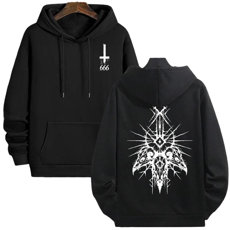 2025 New Autumn Winter Male Fashion Casual Hoodie with 666 Cross Man Streetwear Hooded Sweatshirt Gothic Demonic Theme Print Top