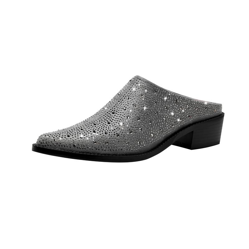 Fashion Women's New Summer European and American Comfortable Diamond Pointed Middle Heel Large Baotou Muller Slippers