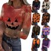 Women's Casual Long Sleeve Ribbed Knit Top Halloween Print Round Neck Slim Fit Stretchy Pullover Shirt for Fall Season