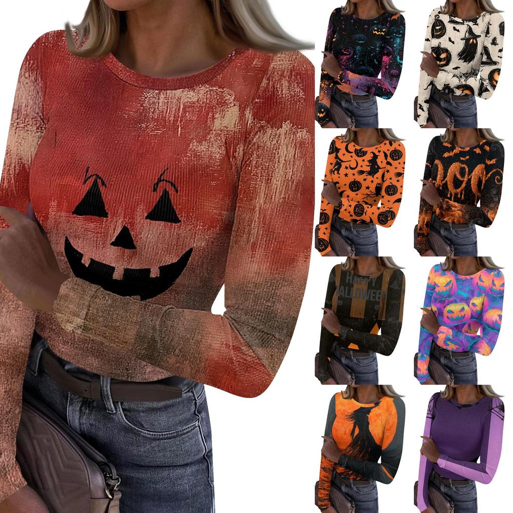 Women's Casual Long Sleeve Ribbed Knit Top Halloween Print Round Neck Slim Fit Stretchy Pullover Shirt for Fall Season