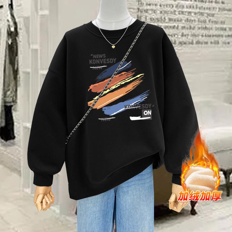 Fashion printing round neck velvet thickened pullover 2025 autumn and winter new popular foreign style age-reducing sweater women