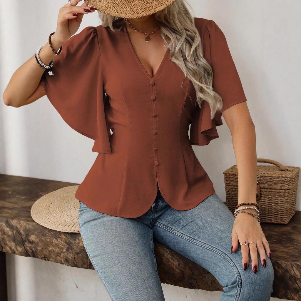 2026 European Style V-neck Waist-cinching Women's Short-sleeved Top