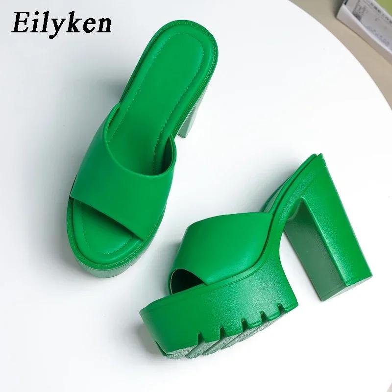 Fashion Eilyken Summer Fashion Women's Slippers Banquet Nightclub Platform Chunky High Heels Slide Mule Shoes Green White Sandals