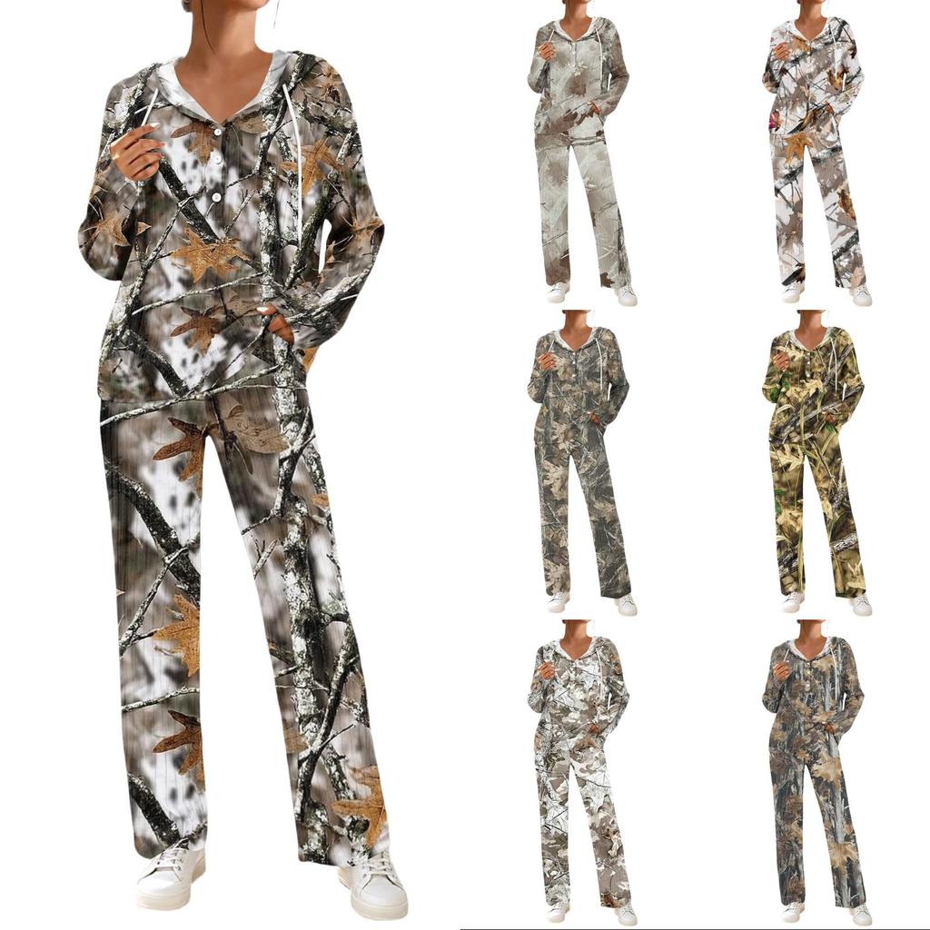 Women's V-Neck Print Long Sleeve Hooded Pajama Set with Pockets, Loose Fit Casual Wear