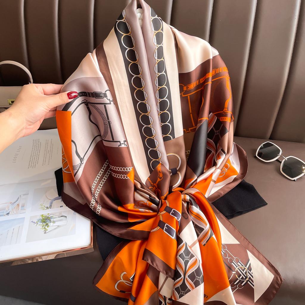 1pc Orange Retro Colorblock Patchwork Printed Faux Silk 90*180cm Long Scarf,