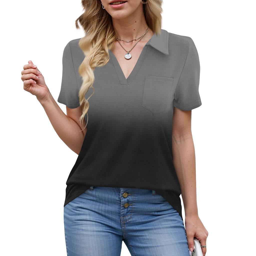 Damen Bluse Sommer Business Casual Arbeitstops Kurzarm Button-Down-Kragen V-Ausschnitt Bluse T-Shirt