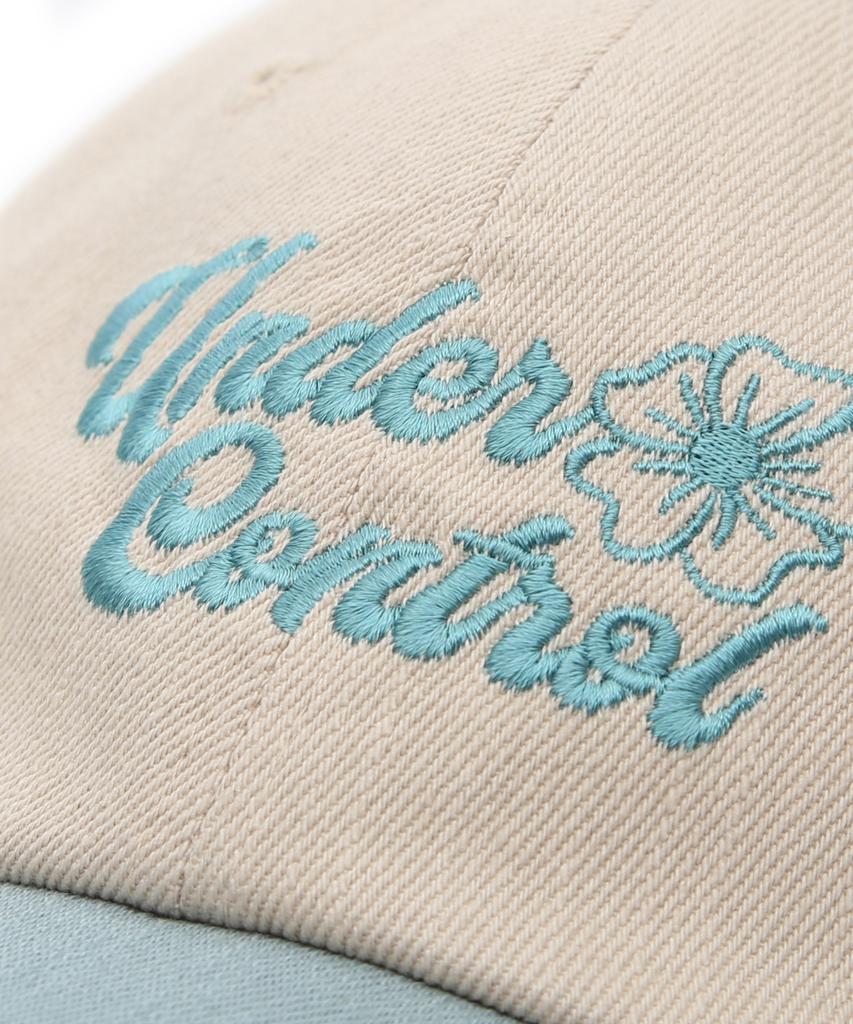 Eondeokeonteulol Four Seasons Washed Cotton Color Block Soft Top Logo Ball Cap Unisex Baseball Cap Floral Script / Washed B B / Sky