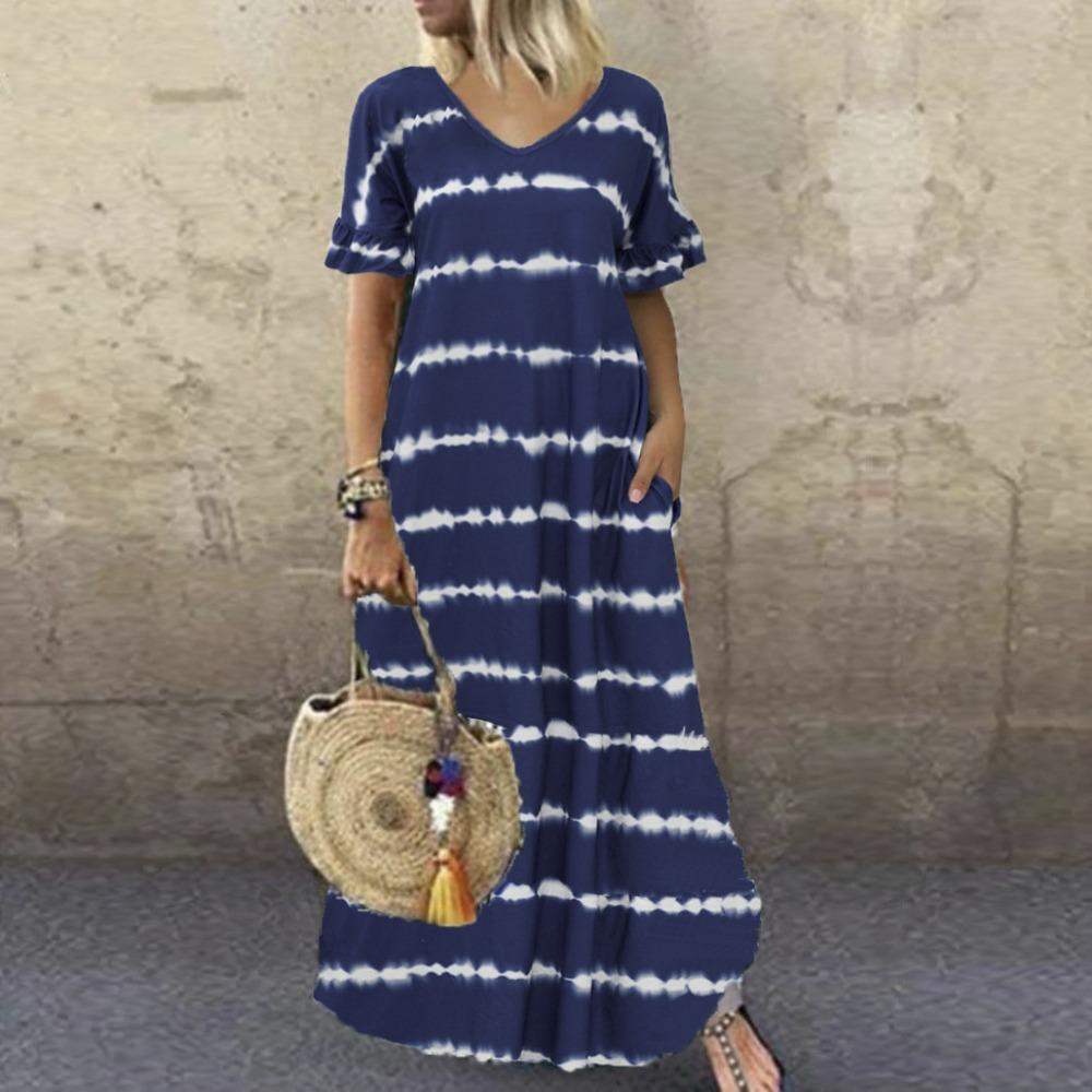 Women's Summer Dresses New Dresses V-neck Ruffle Sleeve Striped Printed Long Dresses Large Size S-5XL Casual Dresses