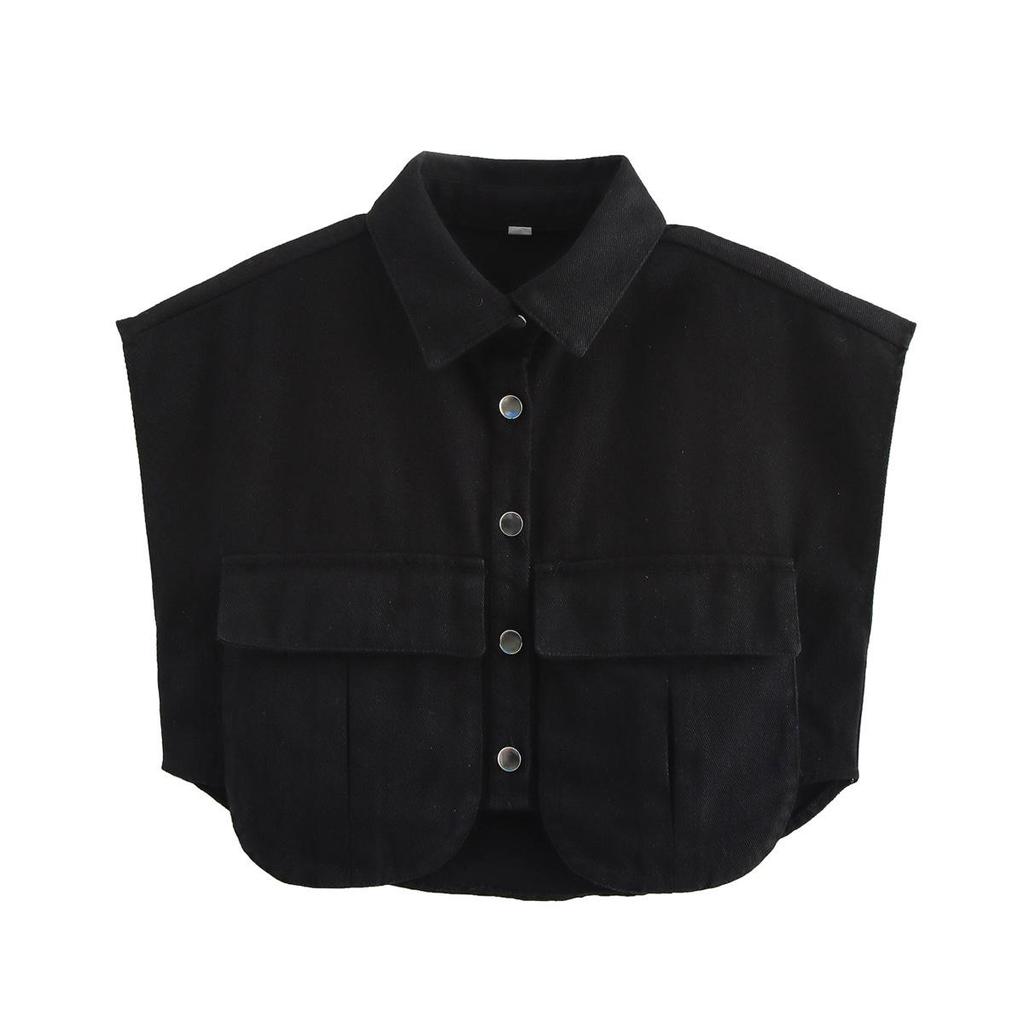 Women's Patchwork Irregular Polo Collar Denim Cardigan Top