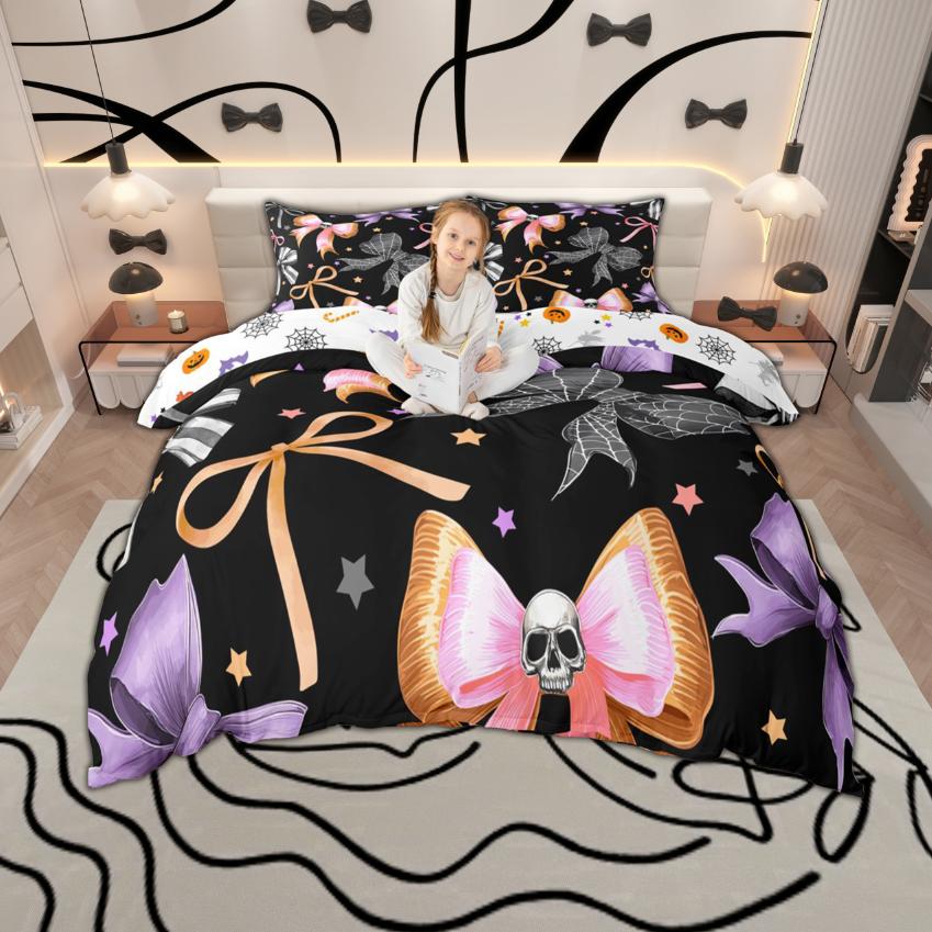 Homewish Set Copripiumino con Fiocco per Bambine Set Biancheria da Letto con Fiocco e Nastro da Principessa Set Copripiumino a Quadri con Fiocco