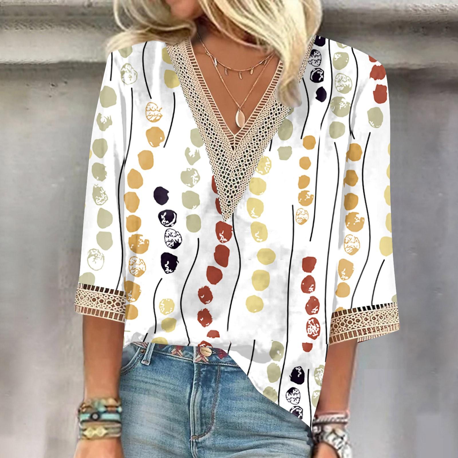 

Женская рубашка-блузка Повседневные свободные рубашки с рукавами 3/4 и кружевной отделкой Топы с v-образным вырезом и принтом Топы с принтом Футболки Футболки S белый